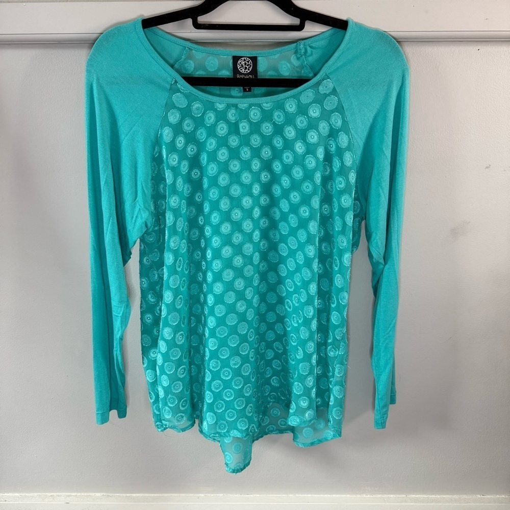 Bobeau Women's Turquoise Blue Long Sleeve Top Polka Dot Mesh